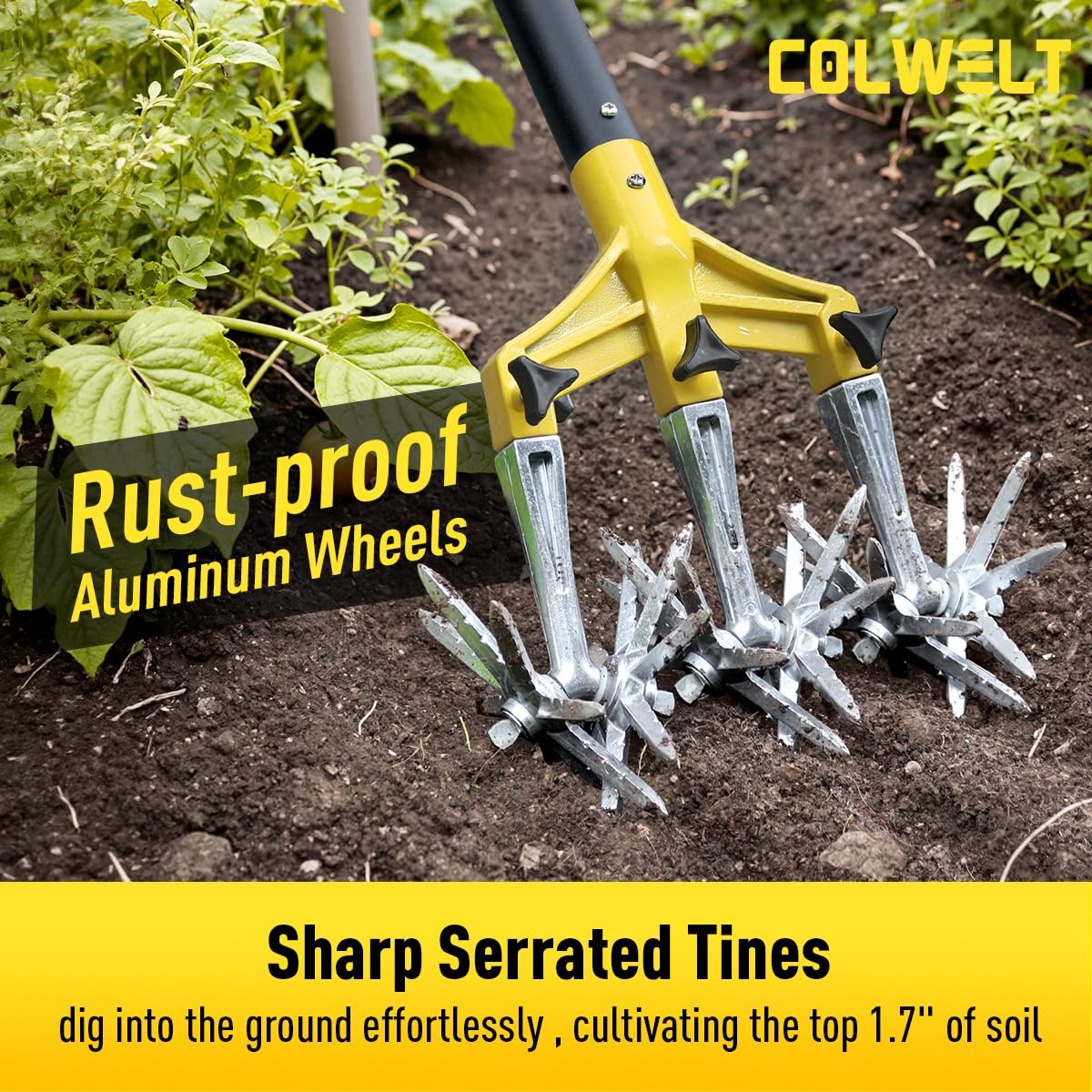 Colwelt close-up of aluminum serrated tines for rust resistance and strong penetration