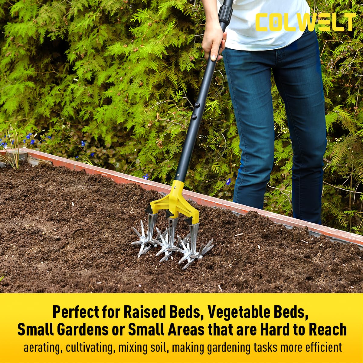 Colwelt cultivating a raised bed for precise soil work near plants and roots