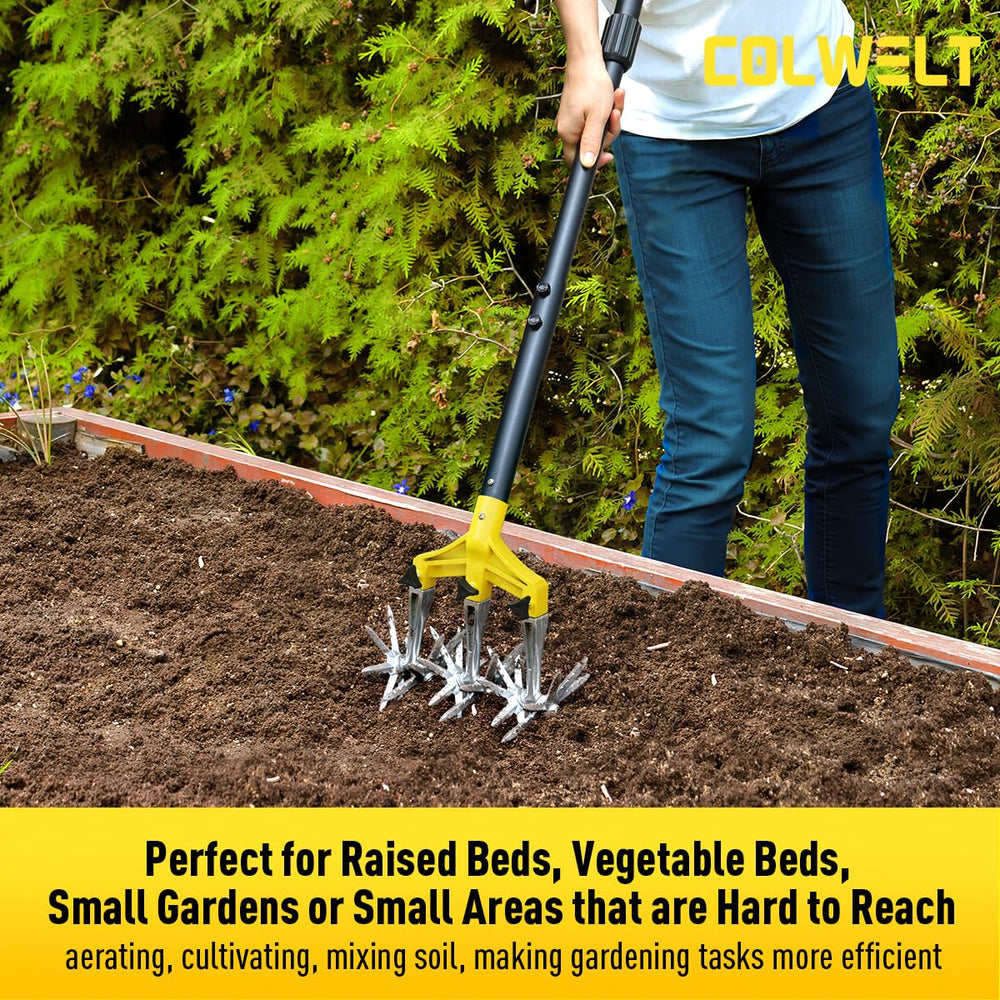 Colwelt cultivating a raised bed for precise soil work near plants and roots