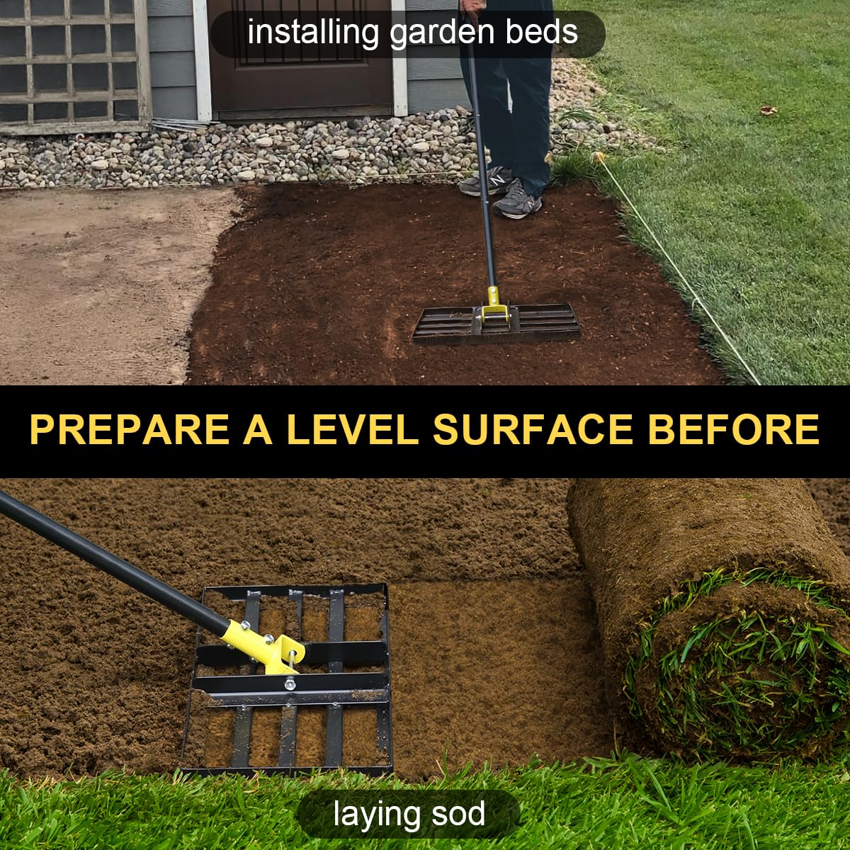 Colwelt rake in use smoothing soil to improve drainage and prepare sod or seed