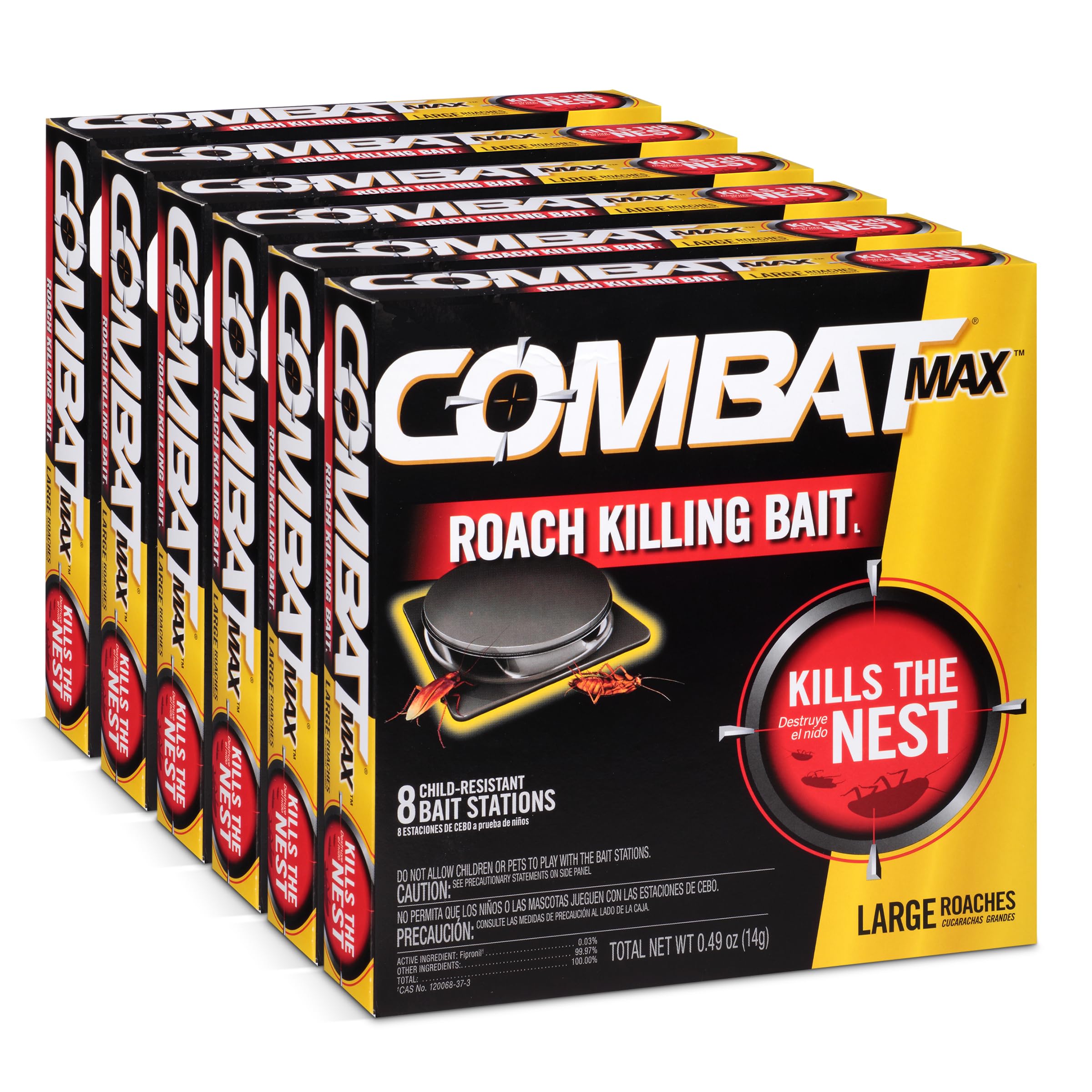Combat Max front packaging showing product quantity and child‑resistant design benefits