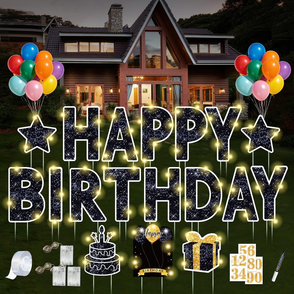 ComboJoy assembled front yard display showing bold happy birthday letters and lights for strong curb appeal