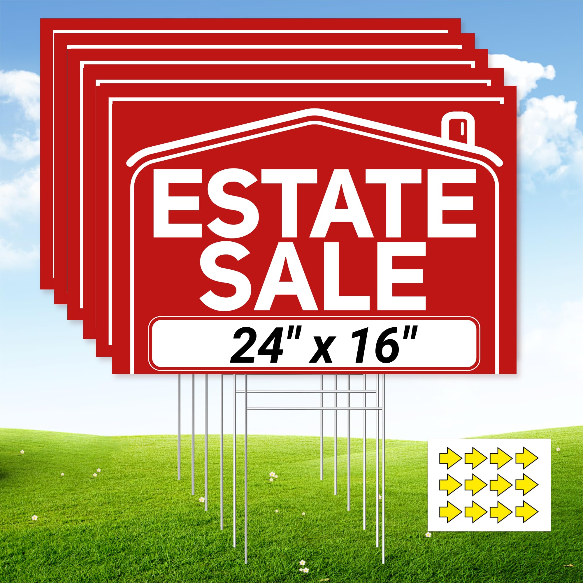 ComboJoy front view of six packaged estate sale signs showing contents and size benefit