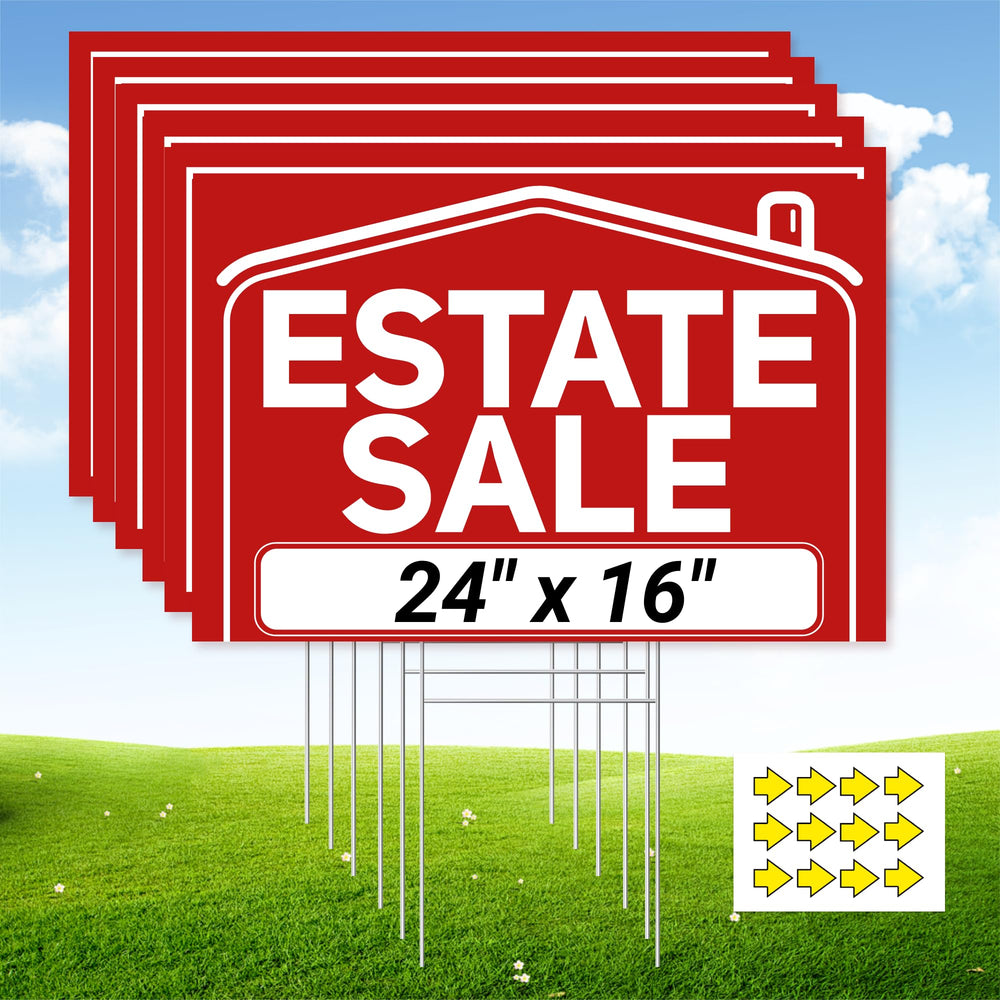 ComboJoy front view of six packaged estate sale signs showing contents and size benefit