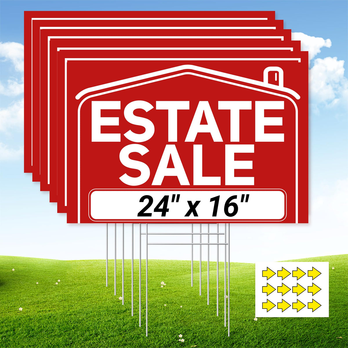 ComboJoy front view of six packaged estate sale signs showing contents and size benefit