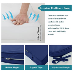 Comcaver navy cushion in use on patio lounge illustrating ergonomic comfort