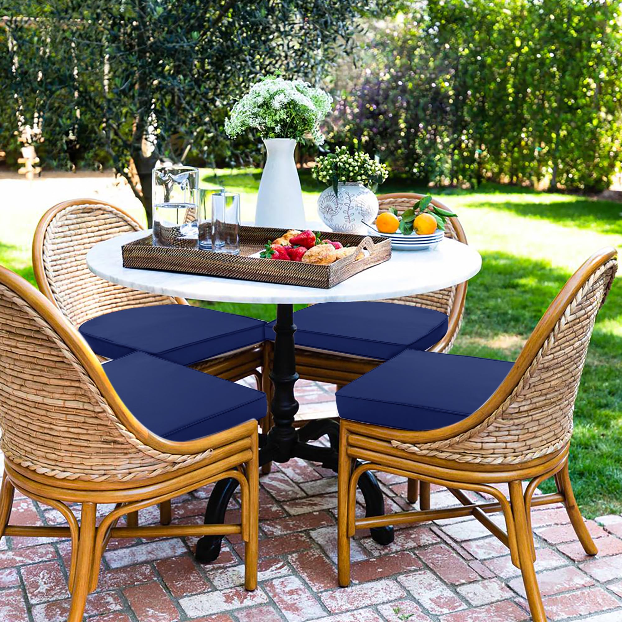 Comcaver cushion placed on patio dining chair providing comfortable outdoor seating