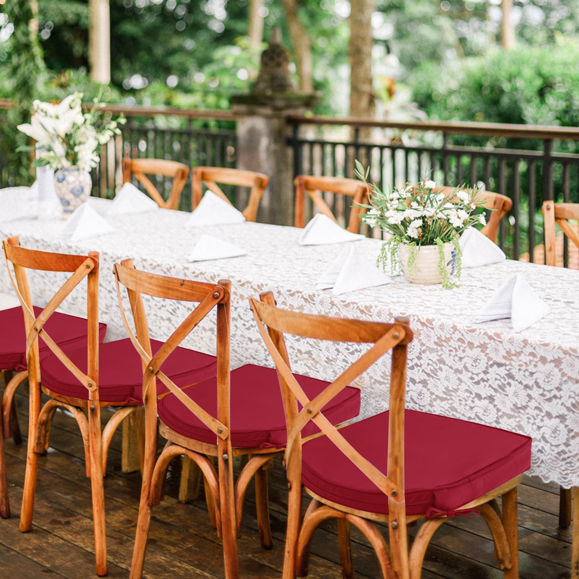 Comcaver in use on patio dining set showing weatherproof comfort while dining