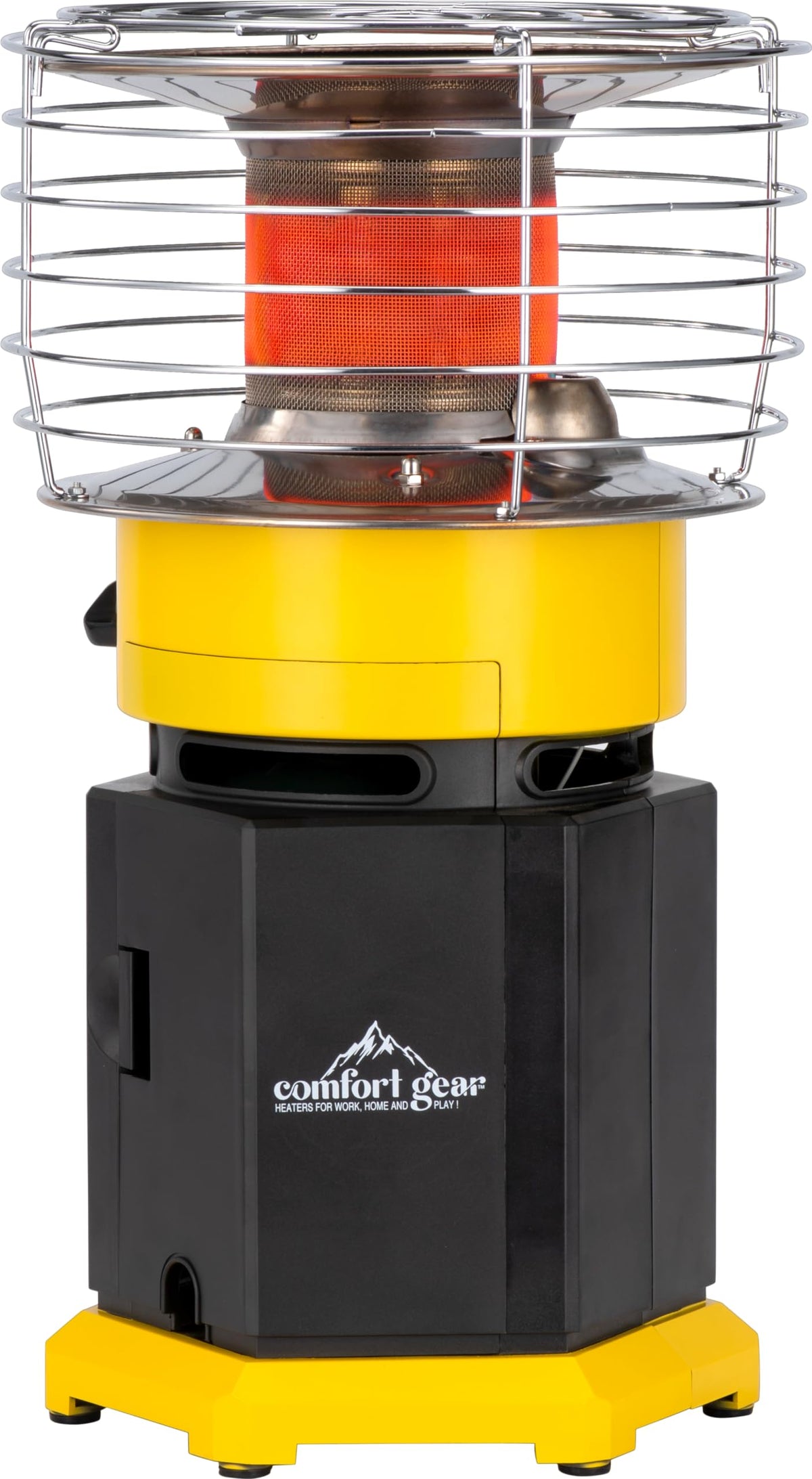 Comfort Gear PPH360-10 front view showing 360° grill and easy carry handle for portable warmth