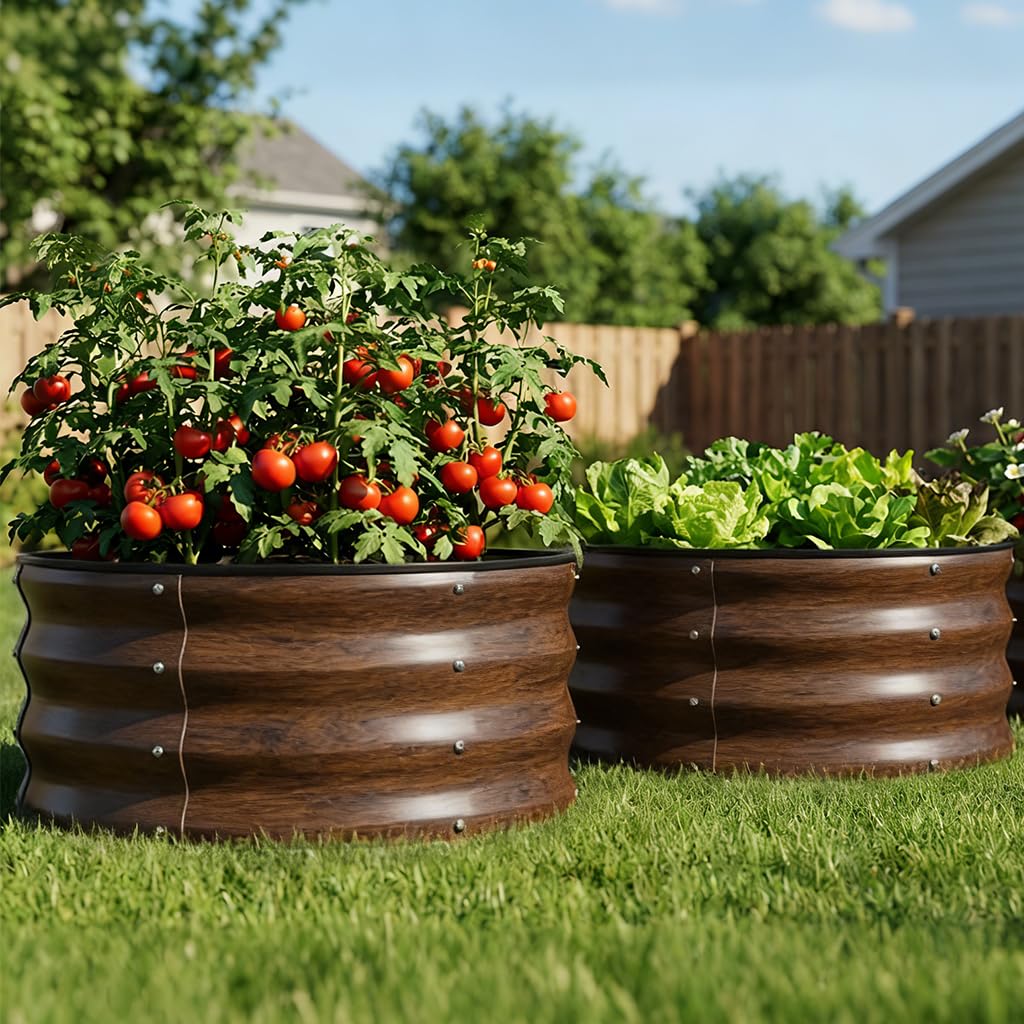 COMHOMA front view of both assembled planter beds showing tidy garden layout benefit