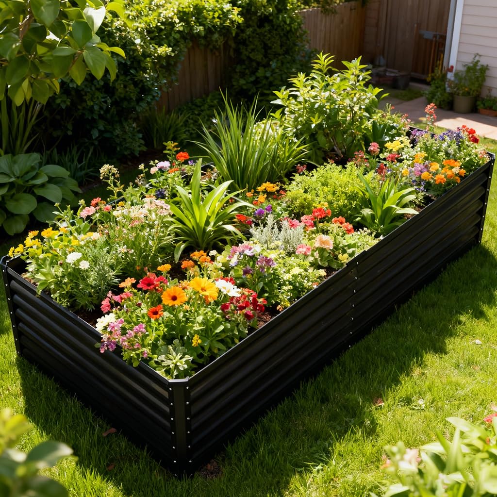 COMHOMA front view of the galvanized raised garden bed showing sturdy structure and easy planting