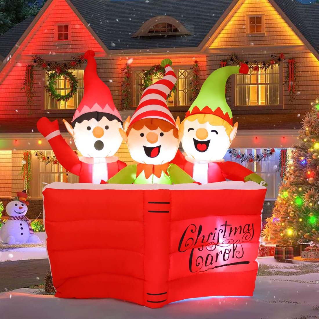 COMIN front view of 5 ft elf trio showing festive lawn impact