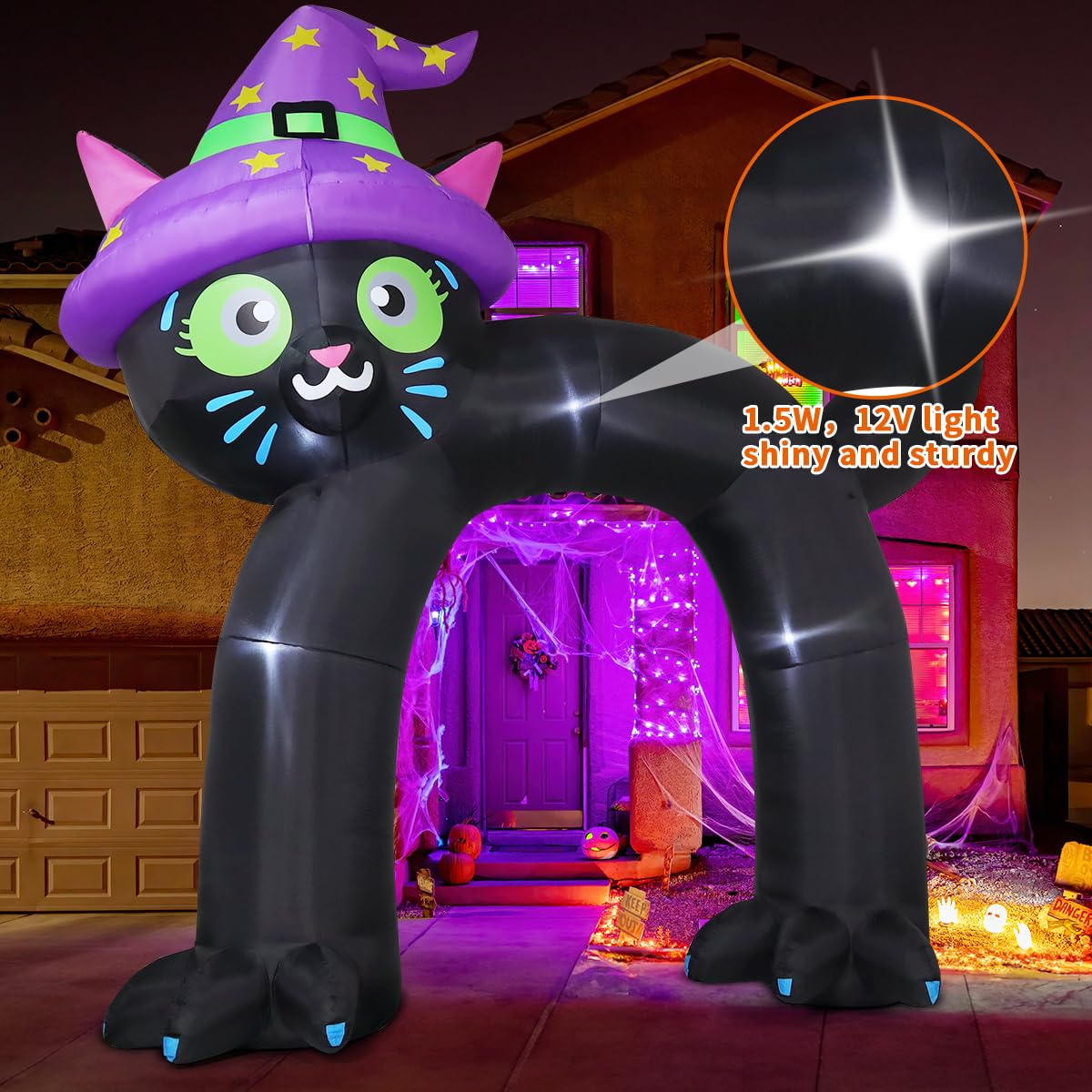 COMIN black cat arch glowing at night with built-in LEDs for visibility