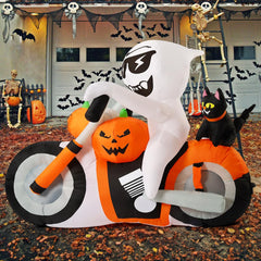 COMIN detail of pumpkin and black cat on motorcycle, adding playful seasonal charm