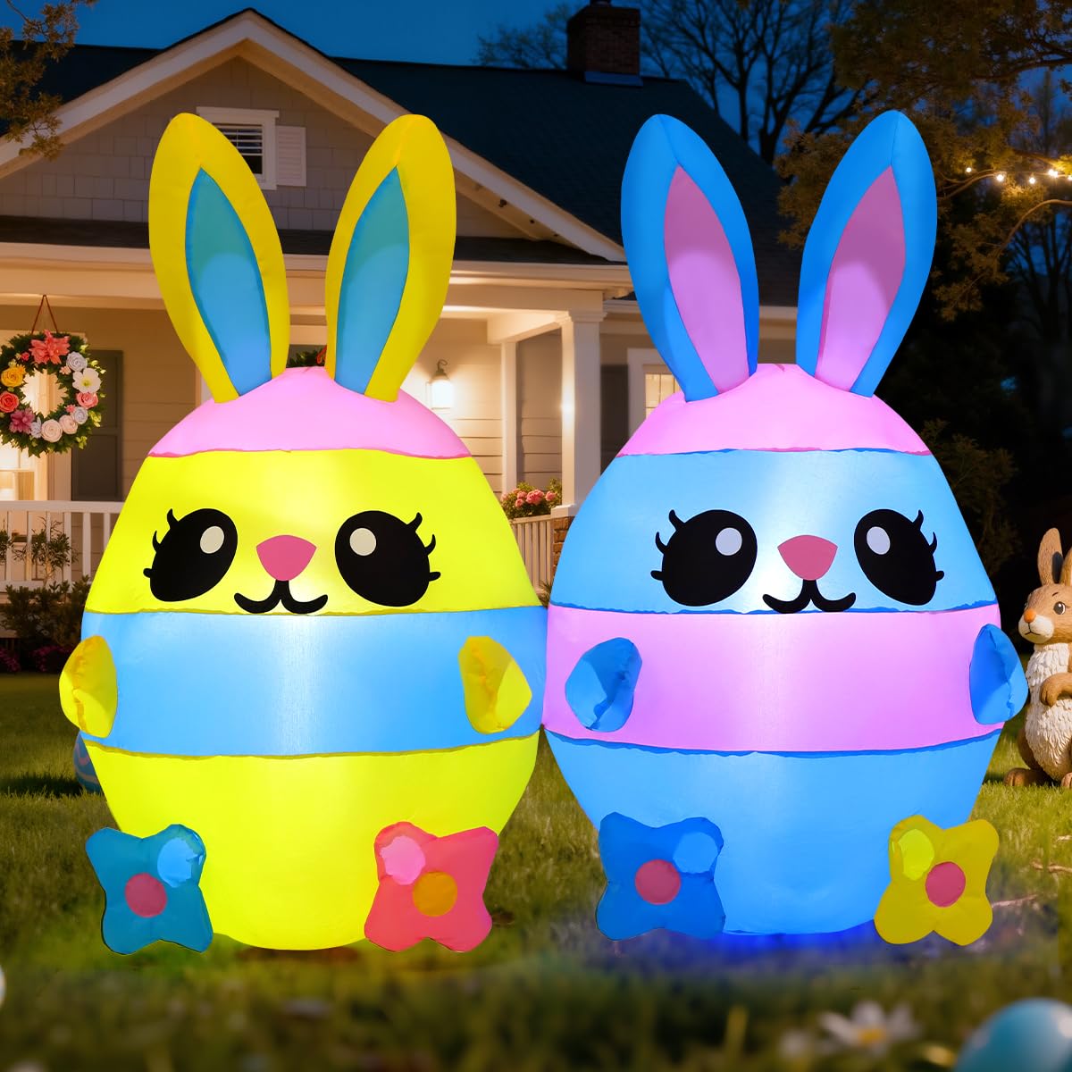 COMIN front view of Easter rabbit egg inflatable showing festive design and curb appeal