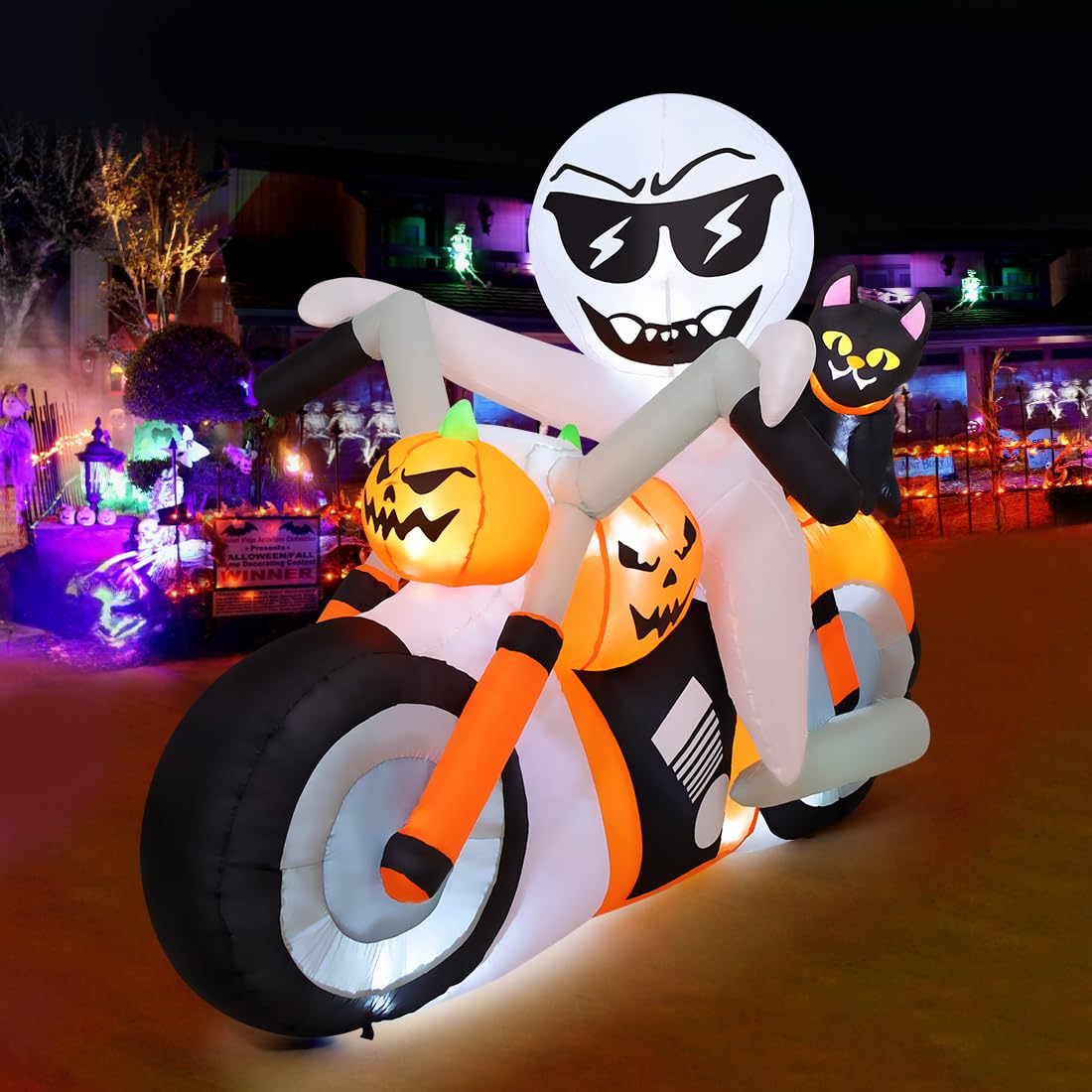 COMIN front view showing ghost, cat, and motorcycle with bright LEDs for curb appeal