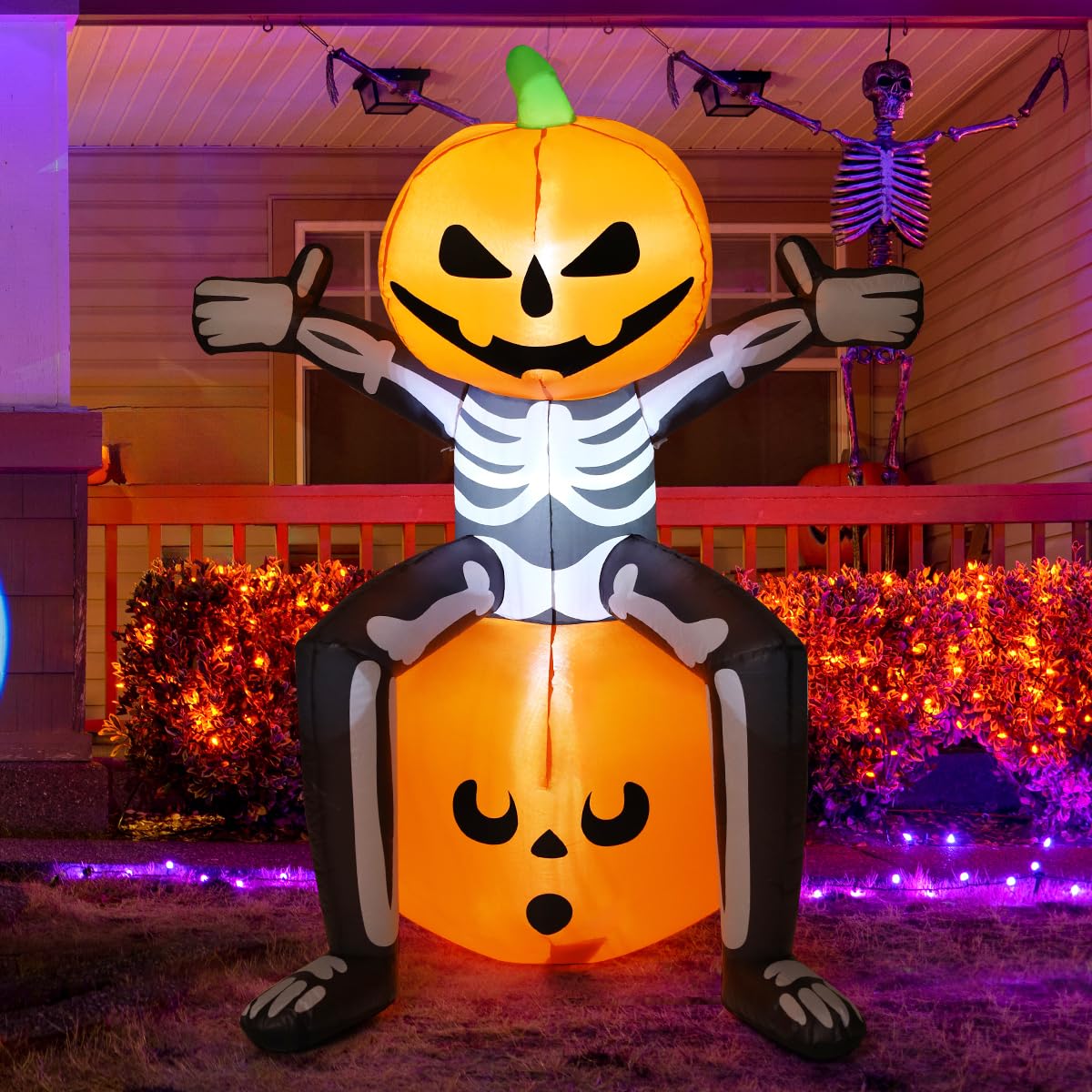 COMIN front view of inflated skull pumpkin showing spooky focal point and curb appeal