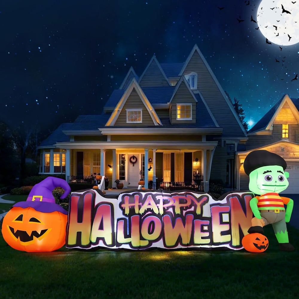 COMIN front view of 11ft pumpkin zombie inflatable shows bold yard impact