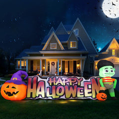 COMIN front view of 11ft pumpkin zombie inflatable shows bold yard impact