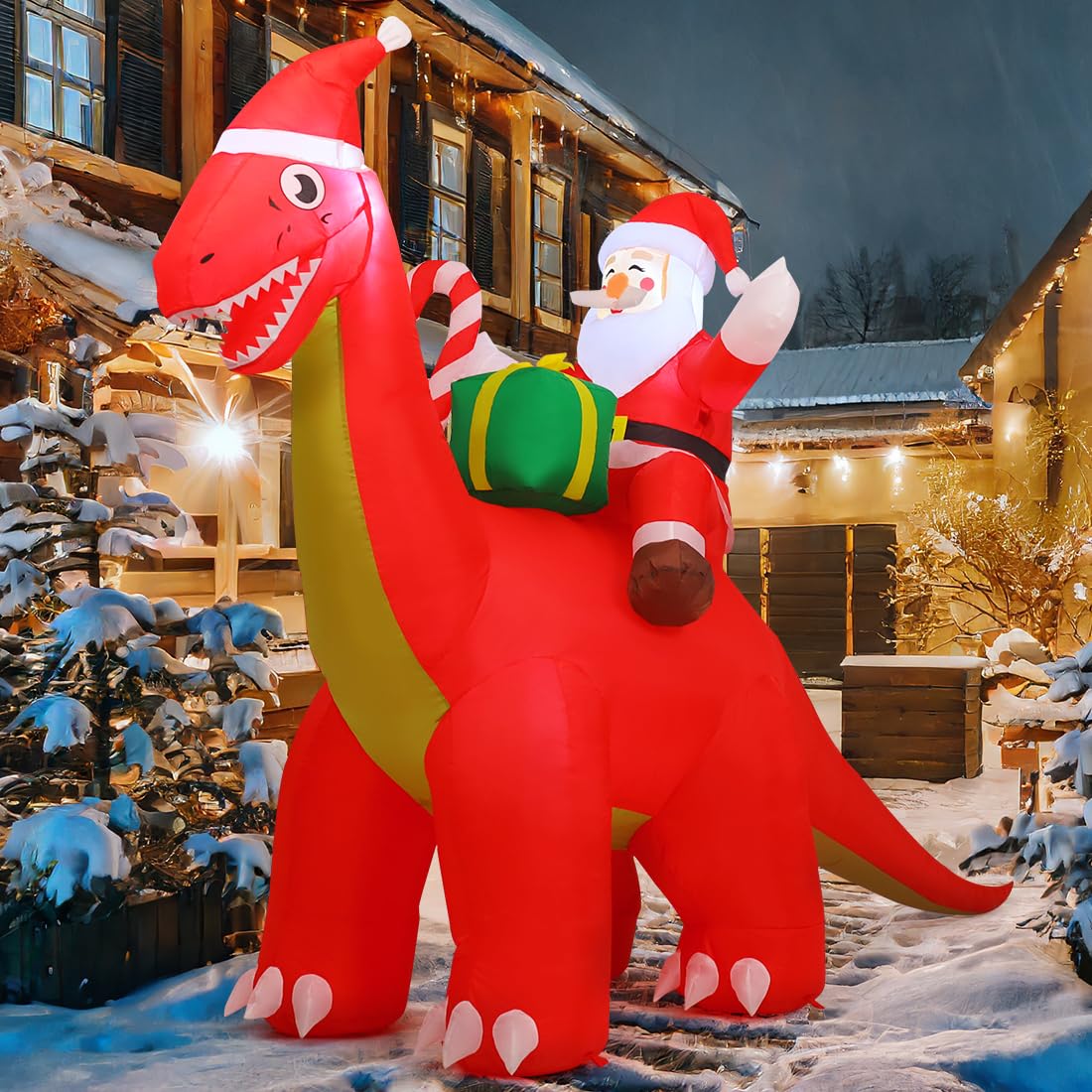 COMIN front view of Santa riding dinosaur showing height and festive presence
