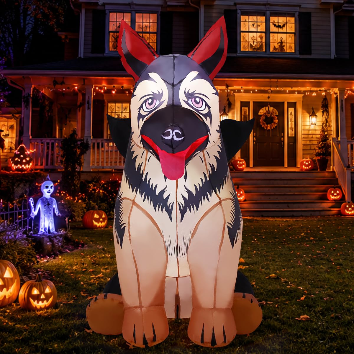 COMIN German Shepherd front view lit by LEDs for dramatic porch display and curb appeal
