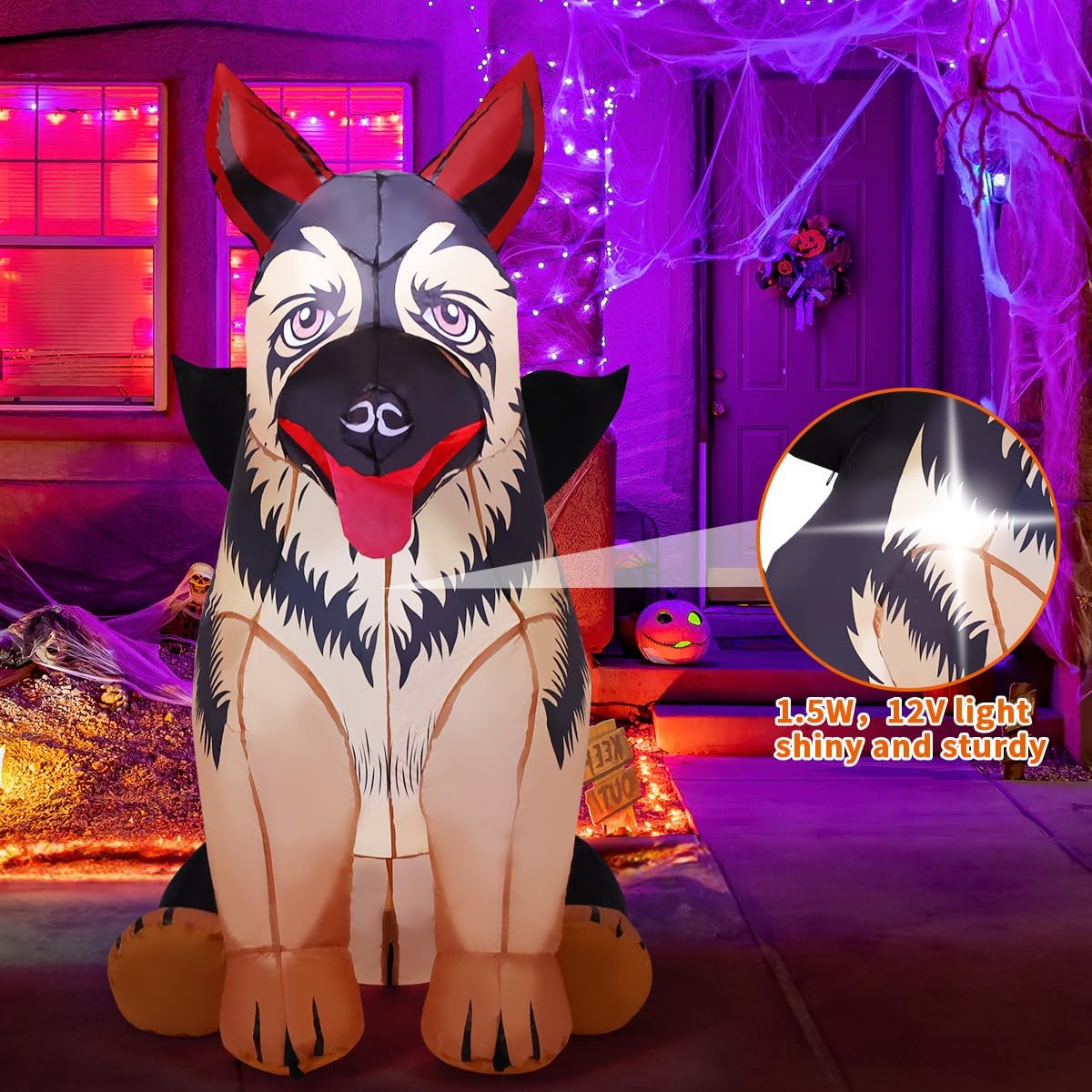 COMIN German Shepherd set up on a lawn with stakes showing festive yard staging