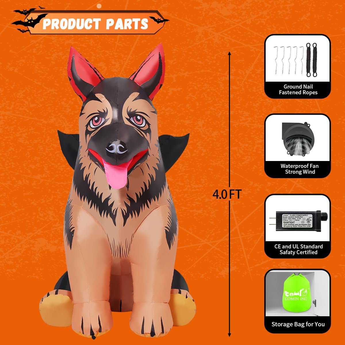 COMIN German Shepherd next to stakes and power cord showing scale and easy anchoring