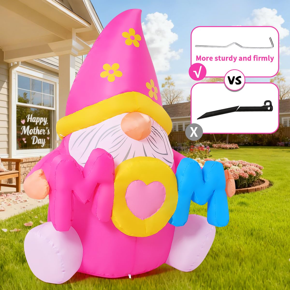 COMIN anchoring stakes and ropes securing gnome for stable outdoor display