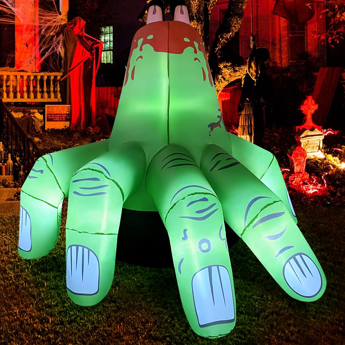 COMIN front view of green giant hand showing scale and spooky design benefit visibility