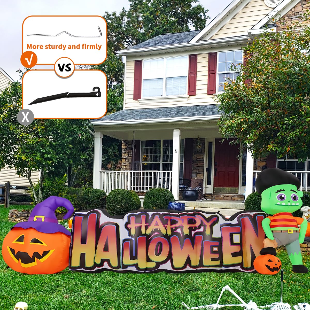 COMIN inflatable set up in yard with stakes showing easy installation benefit