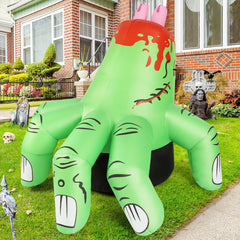 COMIN inflatable hand beside porch steps displaying 6ft scale for placement planning