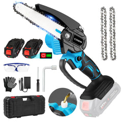 COMIN mini chainsaw front view showing compact bar and ergonomic grip, easy handling