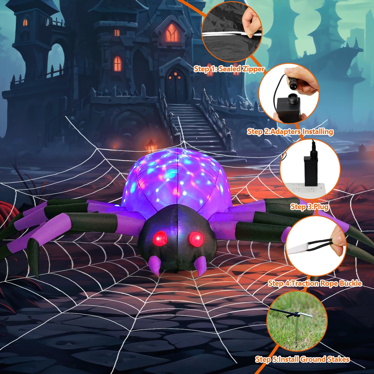 COMIN spider lit by LEDs at night creating striking Halloween curb appeal
