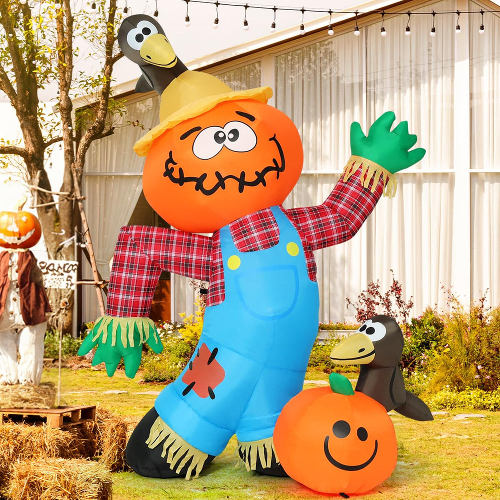 COMIN scarecrow staked in lawn showing secure weatherproof setup