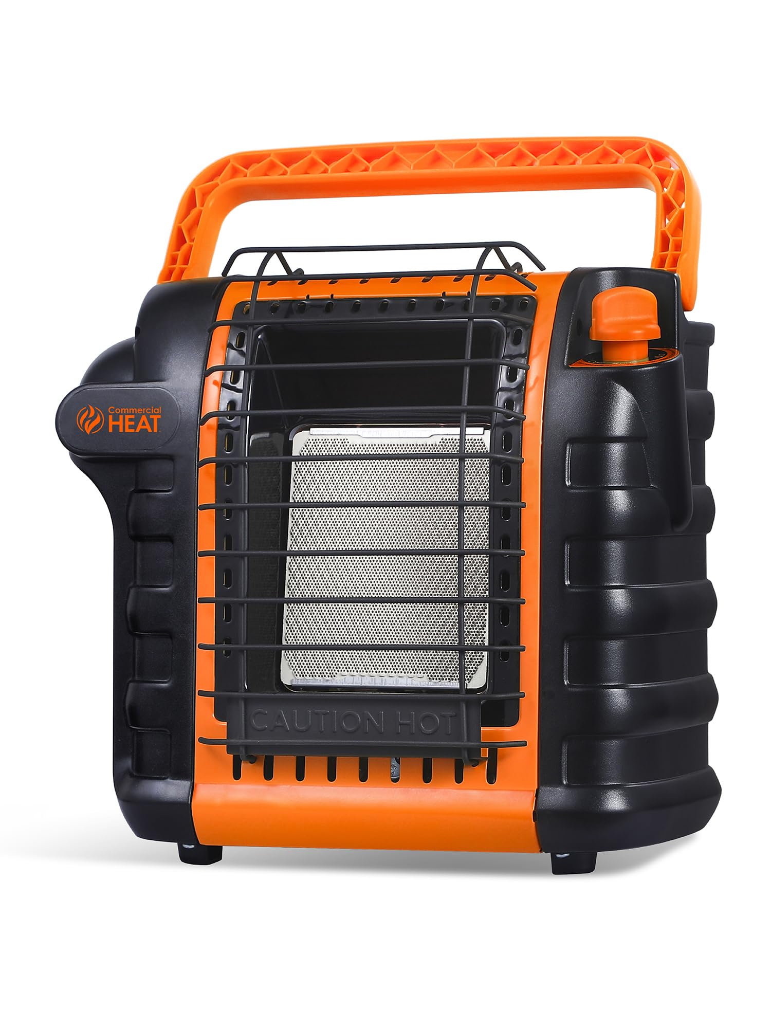 Commercial HEAT heater front view showing orange finish and quick warmth