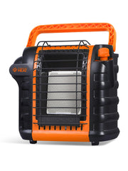 Commercial HEAT heater front view showing orange finish and quick warmth