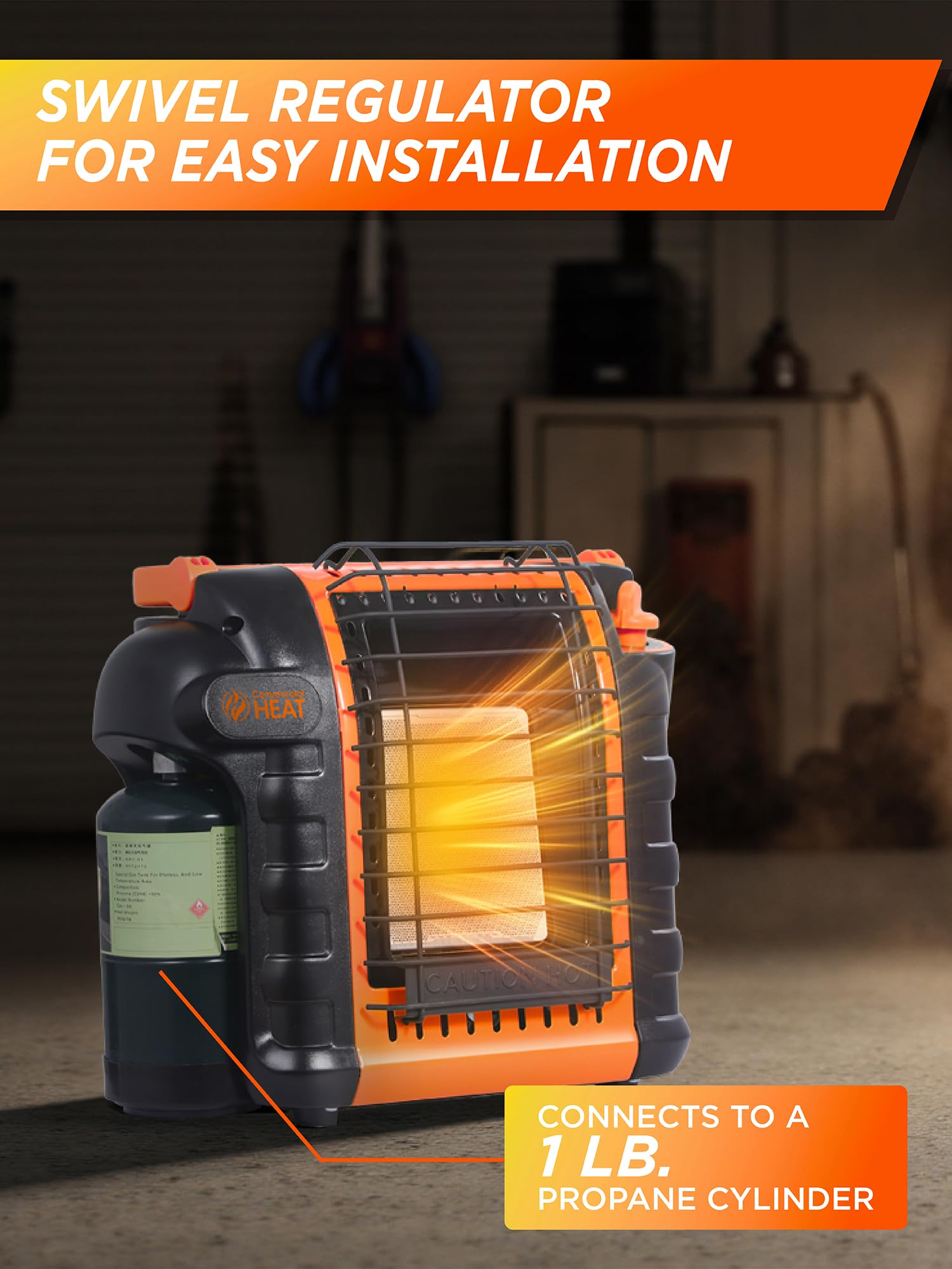 Commercial HEAT connected to 20 lb tank demonstrating extended runtime