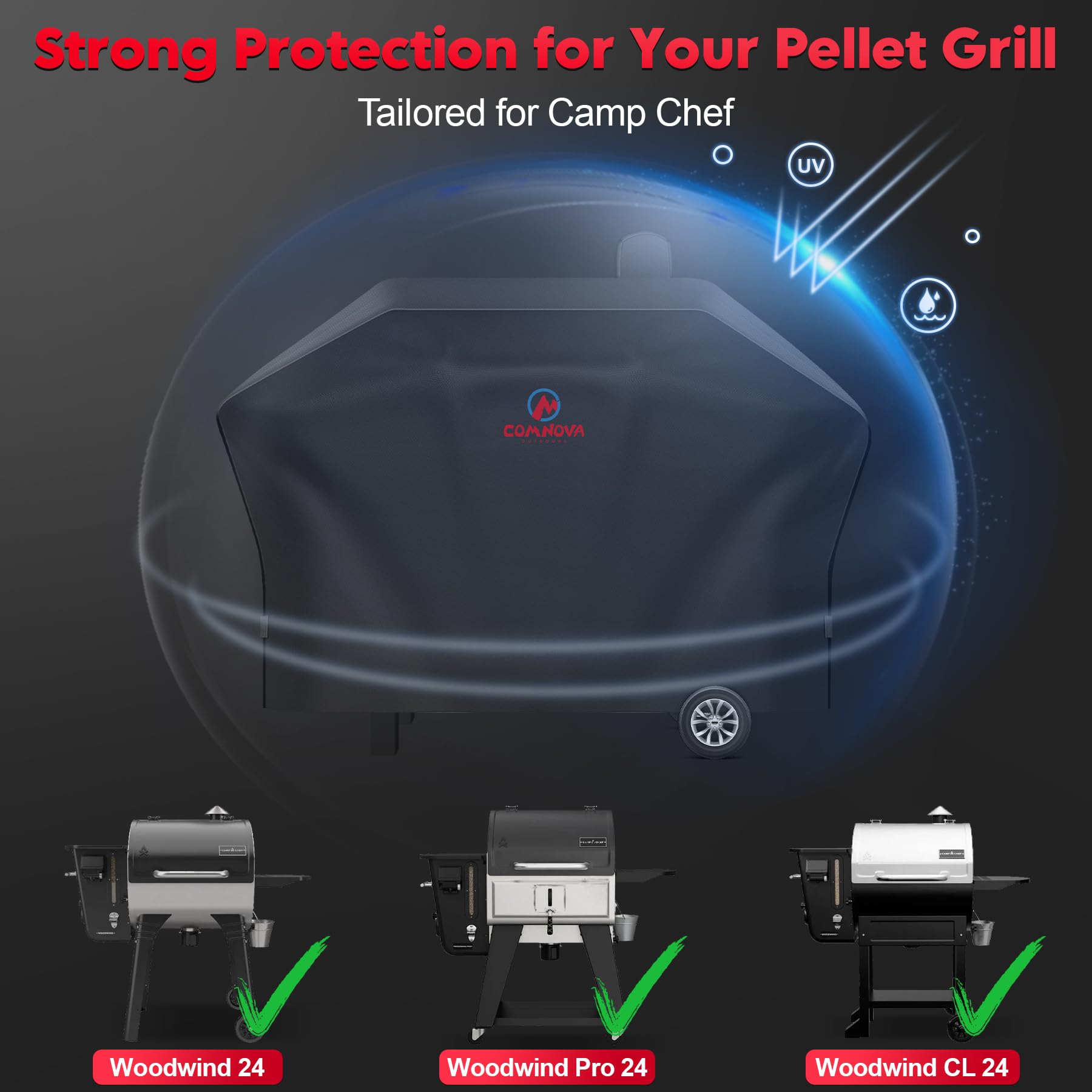 M COMNOVA OUTDOORS back profile showing snug fit on Camp Chef 24 without Sidekick