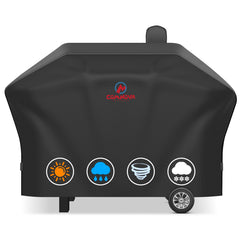 M COMNOVA OUTDOORS front view of cover protecting a Camp Chef 36 grill