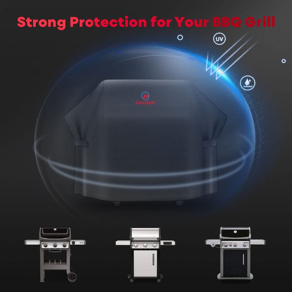 M COMNOVA OUTDOORS cover fitted on gas grill demonstrating protection