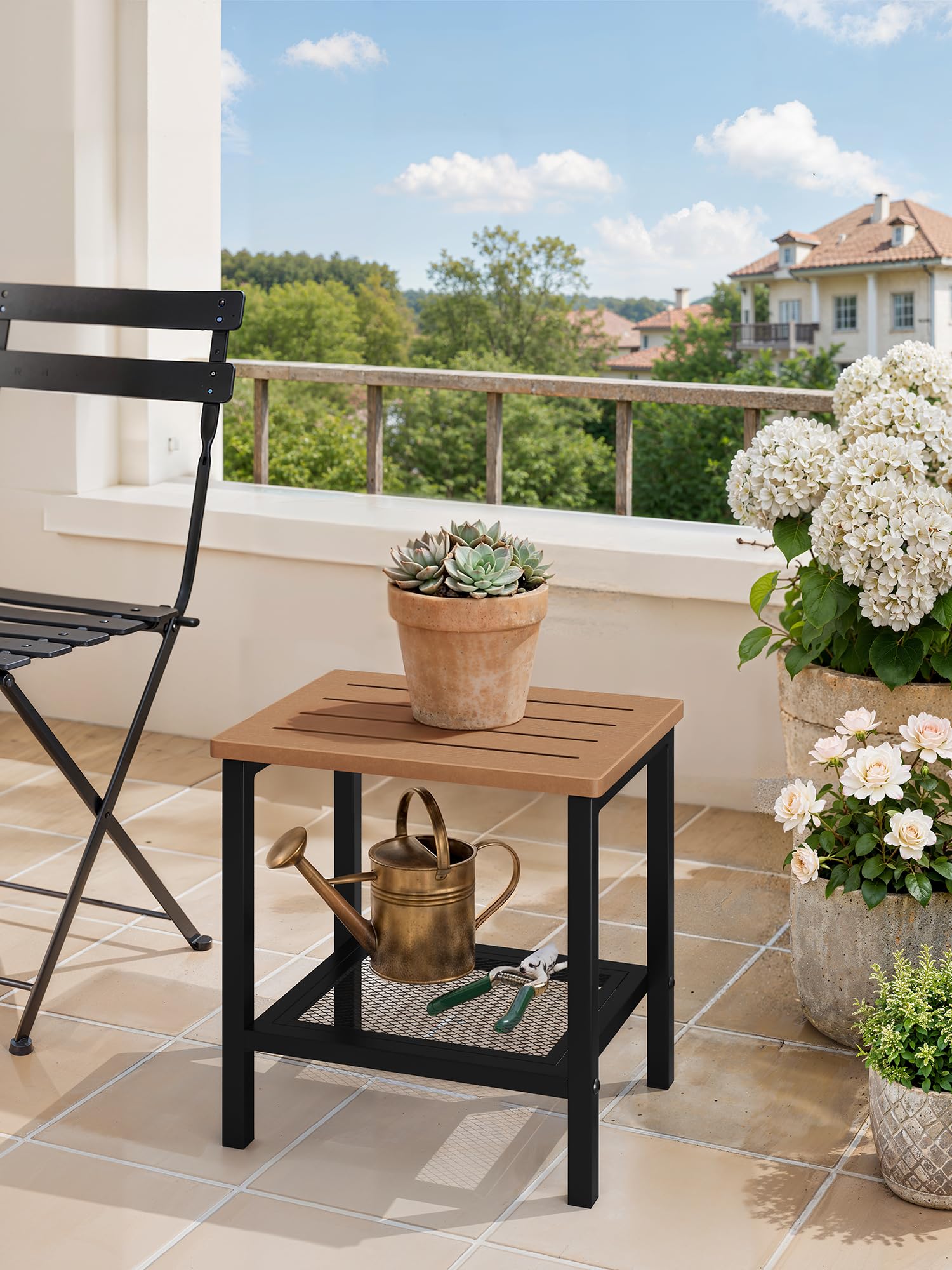 Compsia evening patio scene with table and seating showing outdoor ambiance and functionality benefit