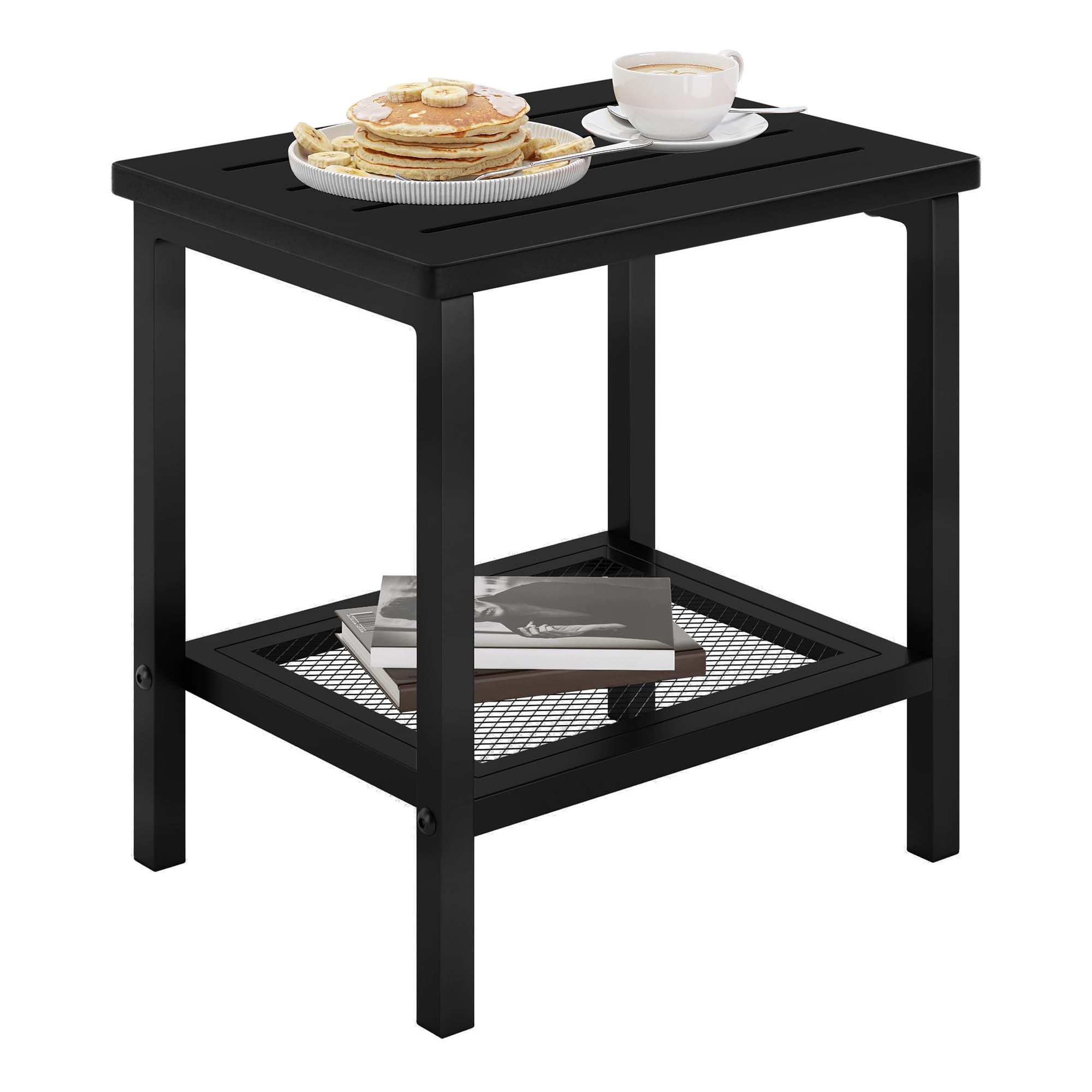 Compsia front view of black two-tier table showing compact design and convenience