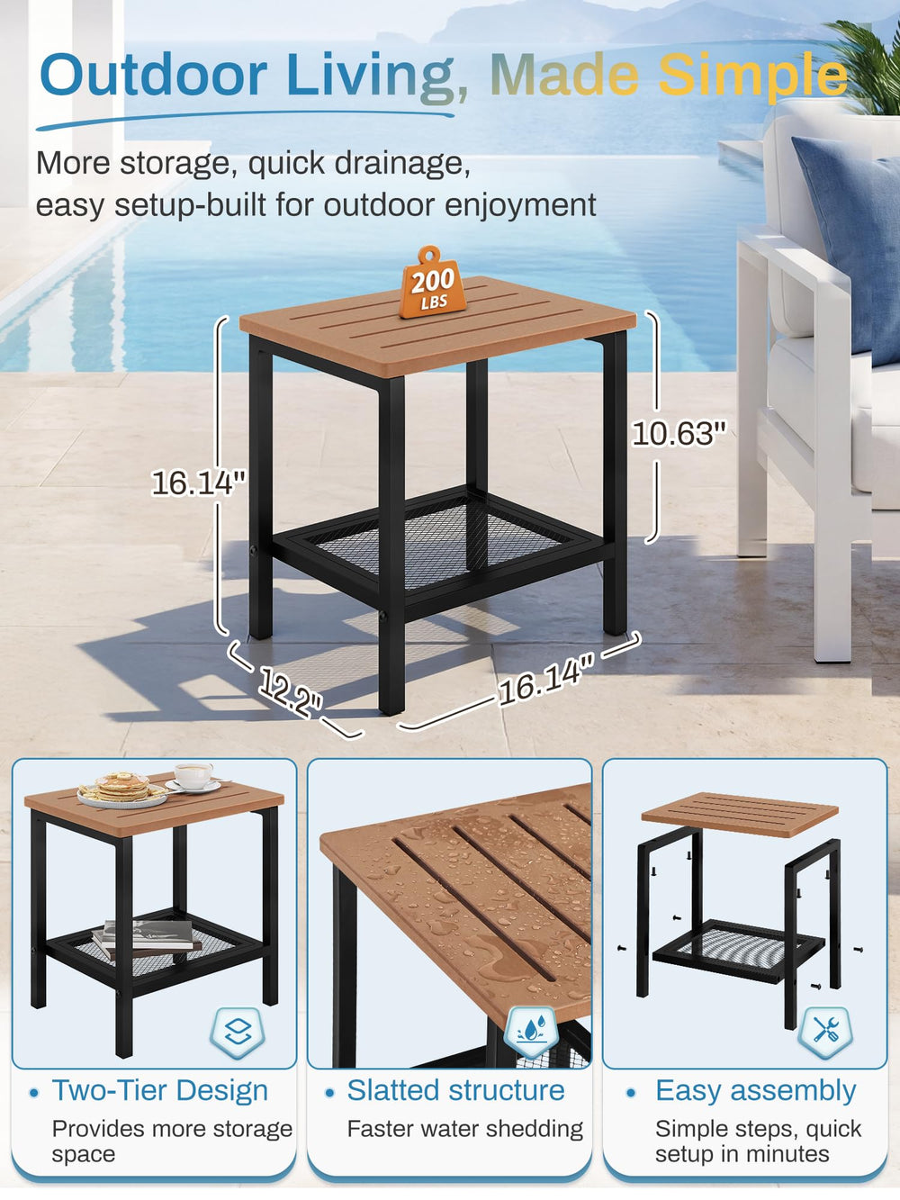 Compsia metal frame detail showing solid connections and rust-resistant powder-coating benefit