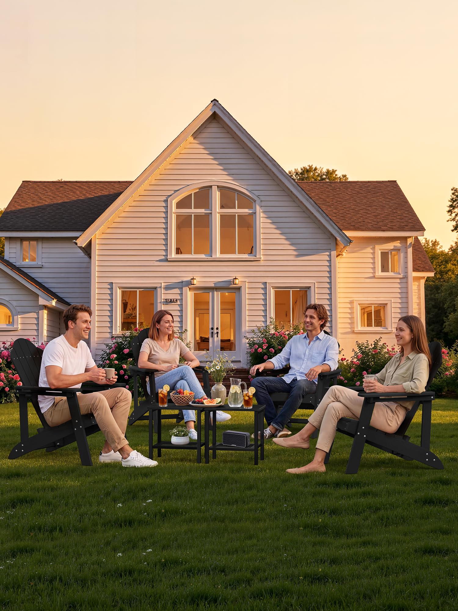 Compsia beside Adirondack chair showing size and practical outdoor scale