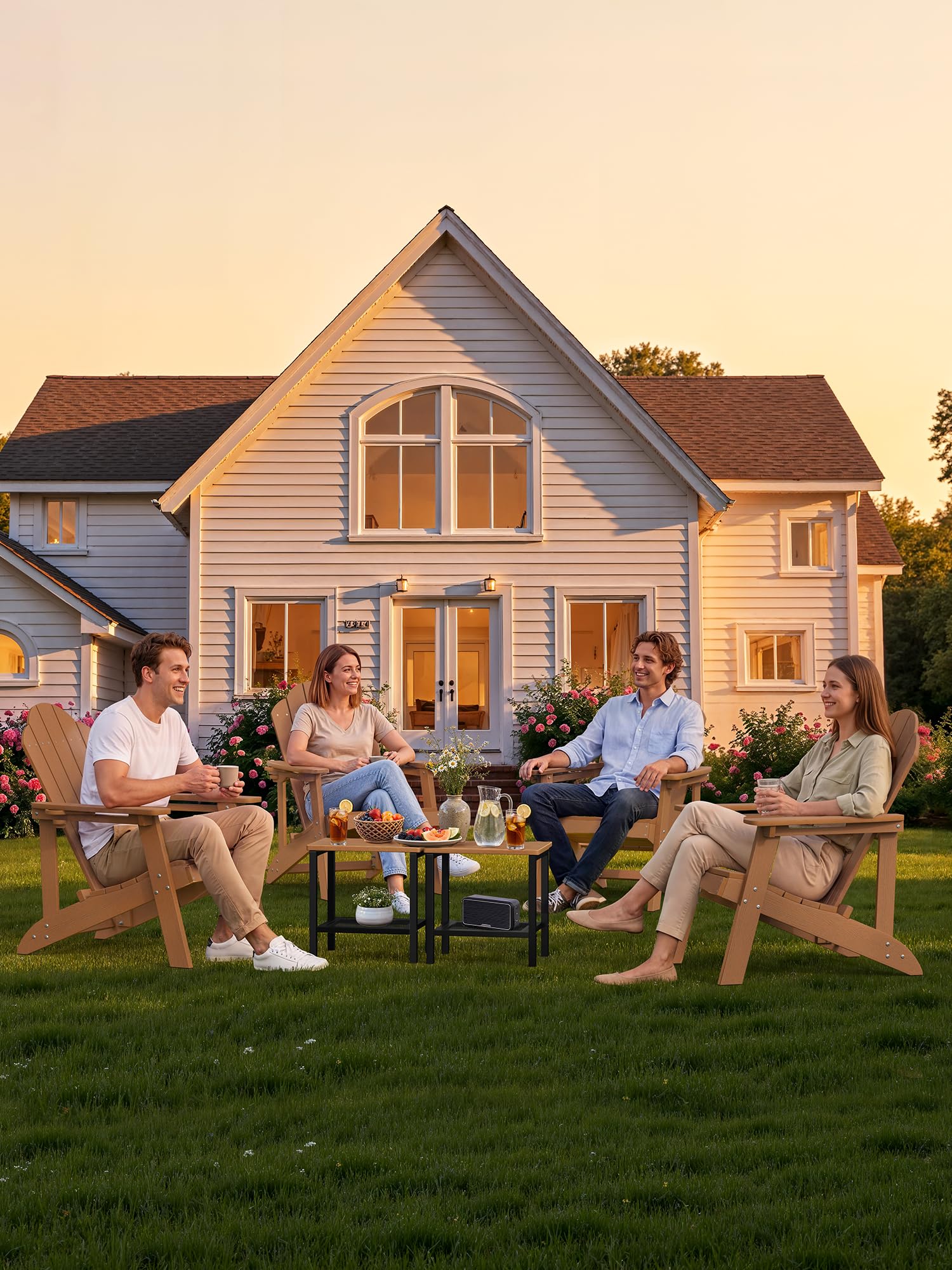 Compsia side table next to Adirondack chair illustrating size and space-saving benefit