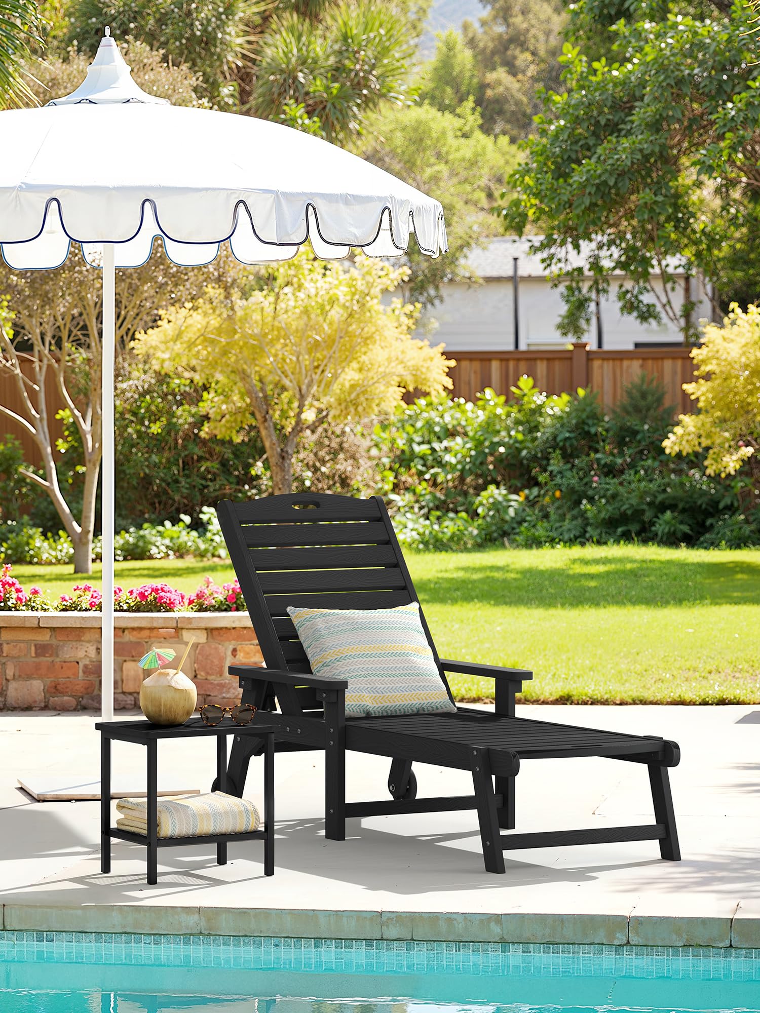 Compsia table on patio with drinks illustrating outdoor durability and style