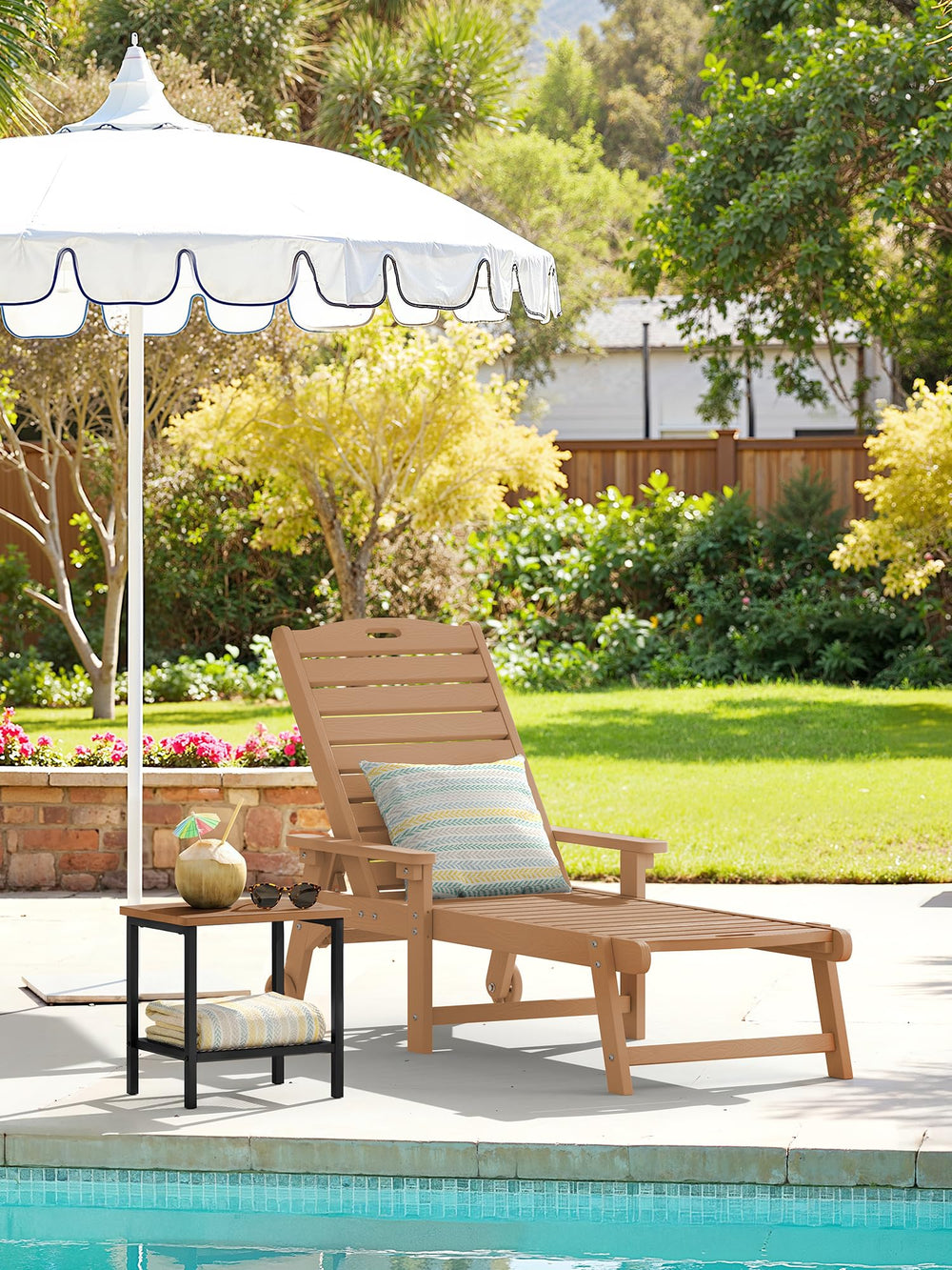Compsia styled table holding drinks and plants showing practical patio use and convenience benefit