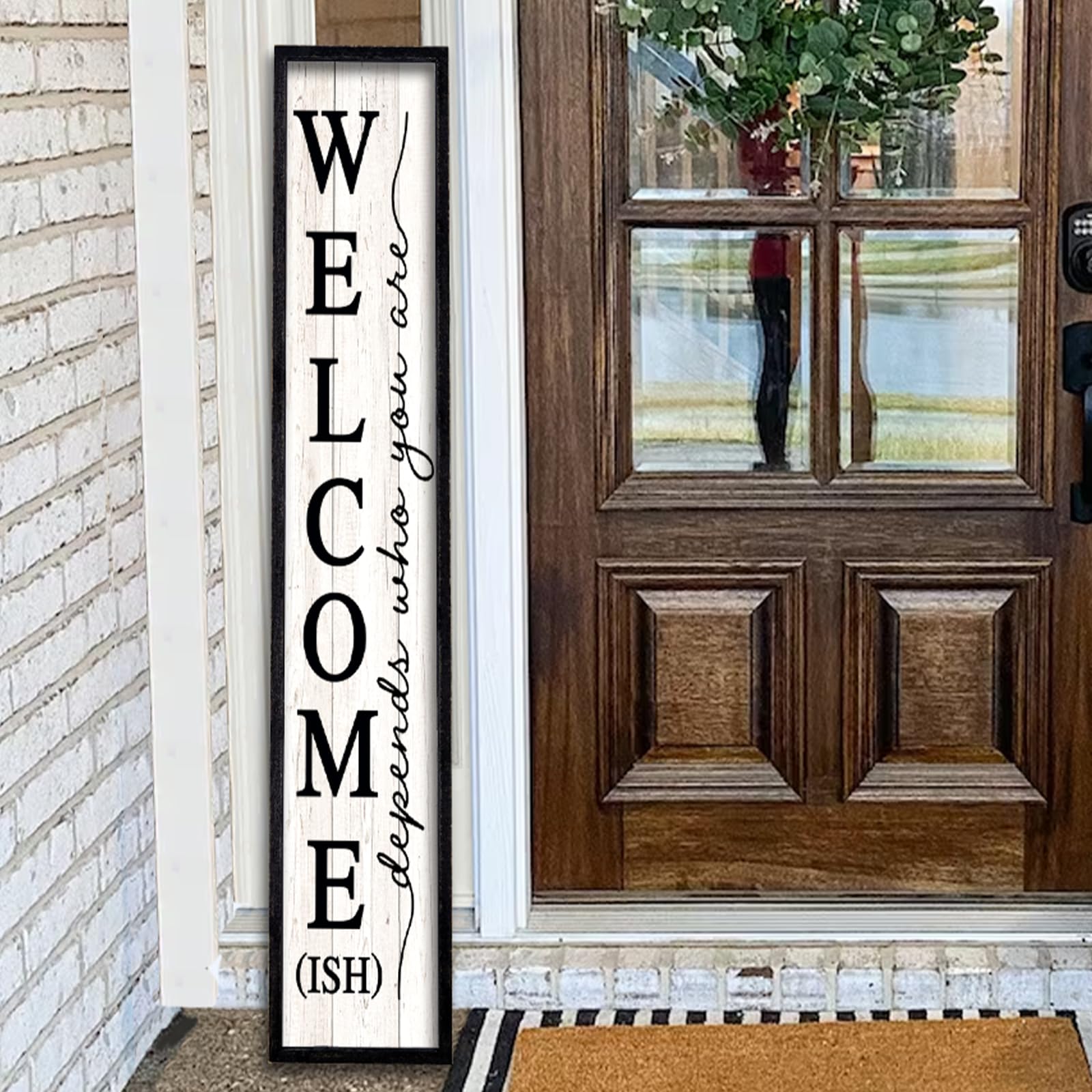 comurdyo front view of Welcome-ish sign showing bold greeting and farmhouse look