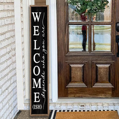 comurdyo Welcome-ish front view showing full black wood board and greeting, welcoming curb appeal