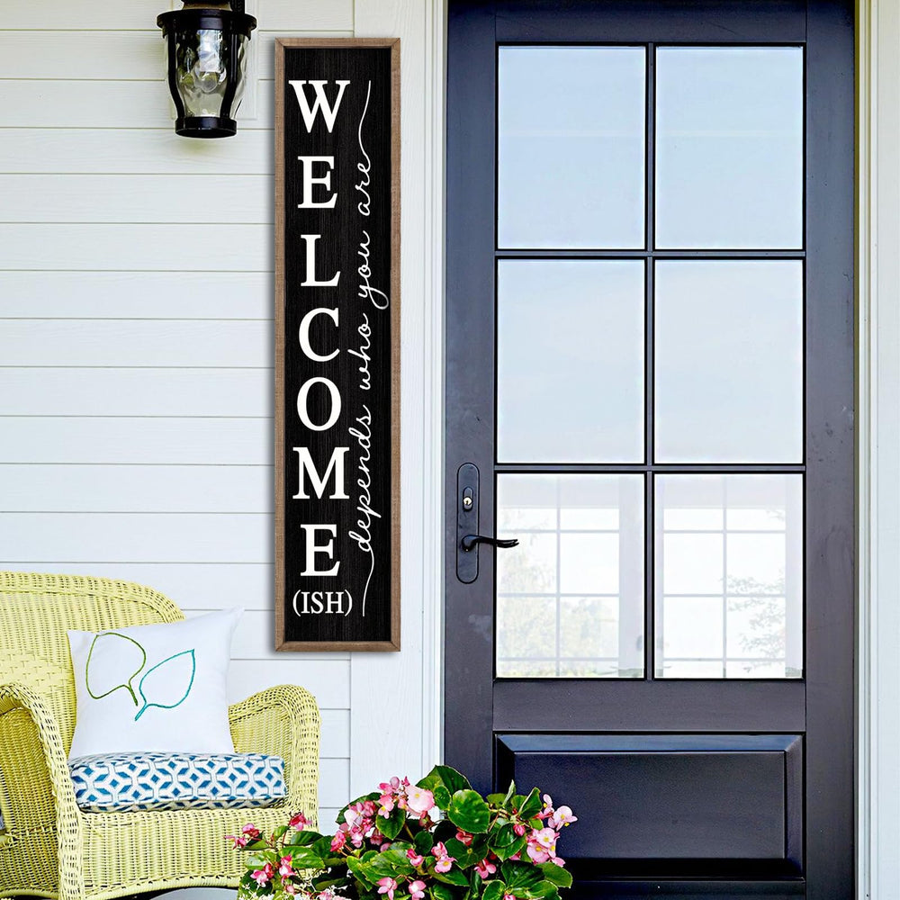 comurdyo Welcome-ish leaning on a mantel in living room, offers casual indoor decoration
